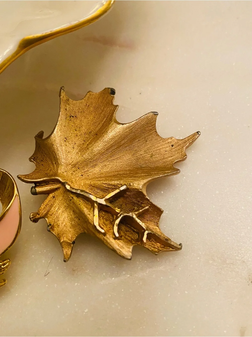 Bundle of Gold-Tone Vintage Brooches – Pink Ribbon, Pink Ribbon & Rose, & Leaf